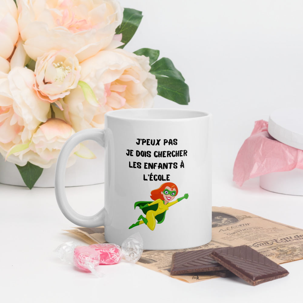 Mug Blanc Brillant « J’peux pas, je dois chercher les enfants à l’école »